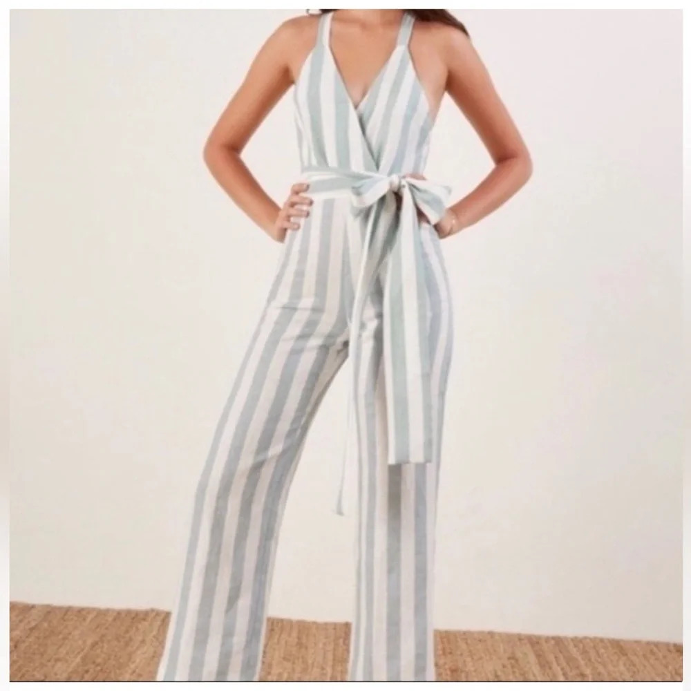 Reformation Dani 100% Linen Striped Jumpsuit In Baltic Size 0
